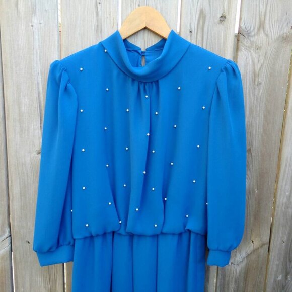 Vintage Blue Dress with Pearly Beaded Bodice and Long Sleeves 40" Bust - Picture 4 of 8